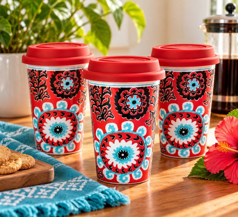 Set of 3 Flower To-Go Ceramic Travel Mugs 12 oz Red Floral Pattern Silicone Lids